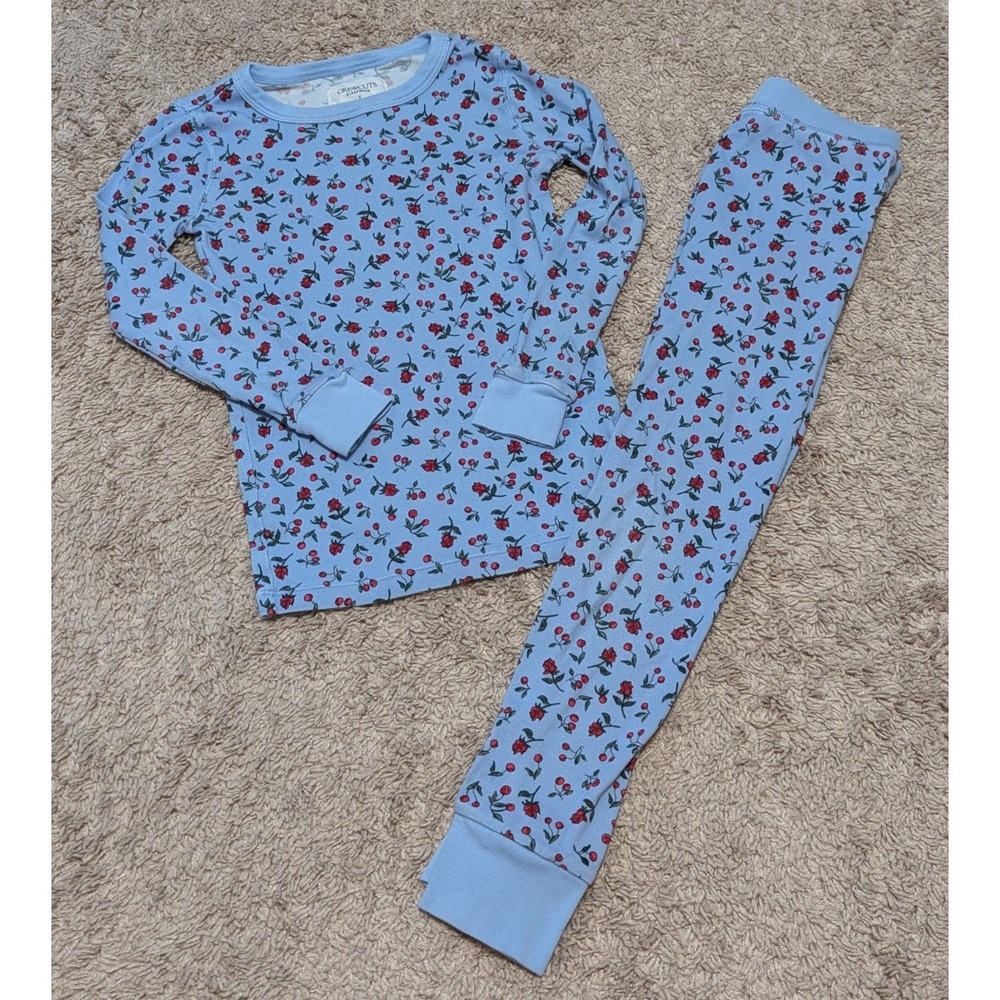 J Crewcuts 2 Piece Pajamas Set Sz 7 Blue Roses Cherry Long Sleeve Snug Fit‎ PJ